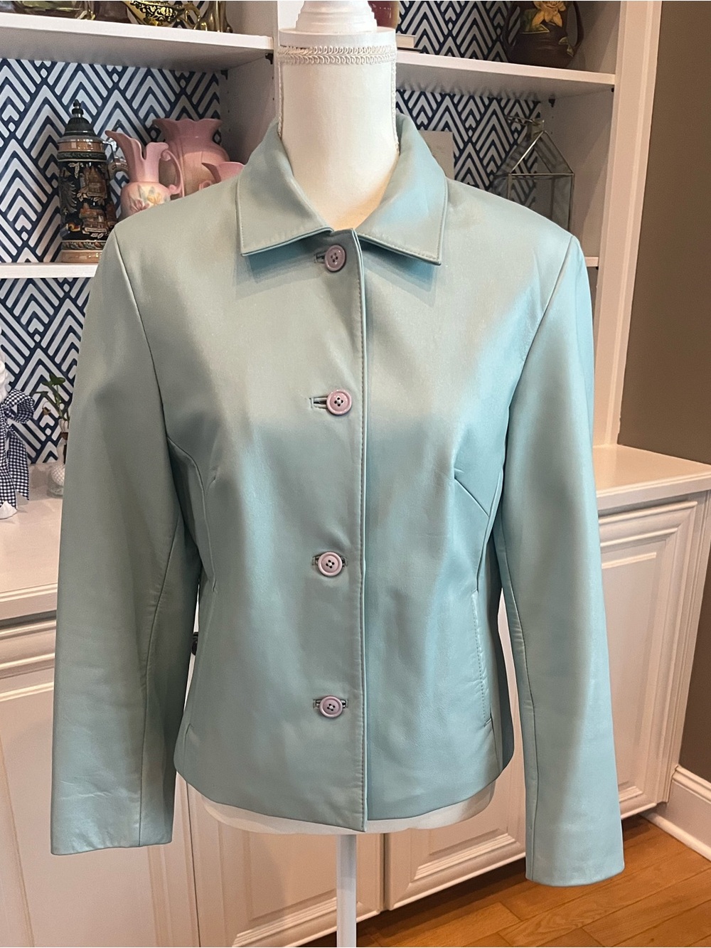 Women's Light Blue  Leather Button Jacket